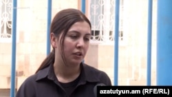 Armenia - Vera Khachatrian speaks to journalists outside the UN office in Yerevan, July 31, ,2023.