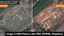 Planet Labs тараткан сүрөттөрдөн "Вагнердин" лагериндеги чатырлар азайып жатканын көрүүгө болот.
