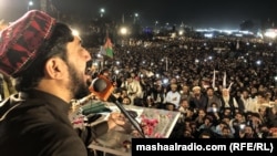 Manzoor Pashteen, the leader of the Pashtun Tahafuz Movement, gives a speech at a rally in Karachi earlier this year. 