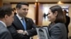 Belgium - Armenian parliament leader Alen Simonian talks to Belarusian opposition leader Svyatlana Tsikhanouskaya in Brussels, March 21, 2024.