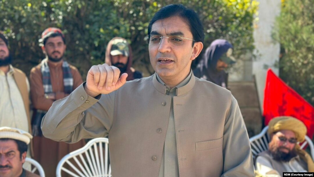 Mohsin Dawar, head of the National Democratic Movement, speaking to his party's supporters in North Waziristan. (file photo)