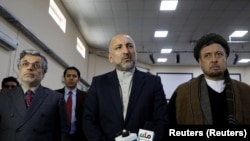 Former national security council adviser and current presidential candidate Mohammad Hanif Atmar, alongside his two vice-presidential candidates Younus Qanooni and Mohammad Mohaqiq in January