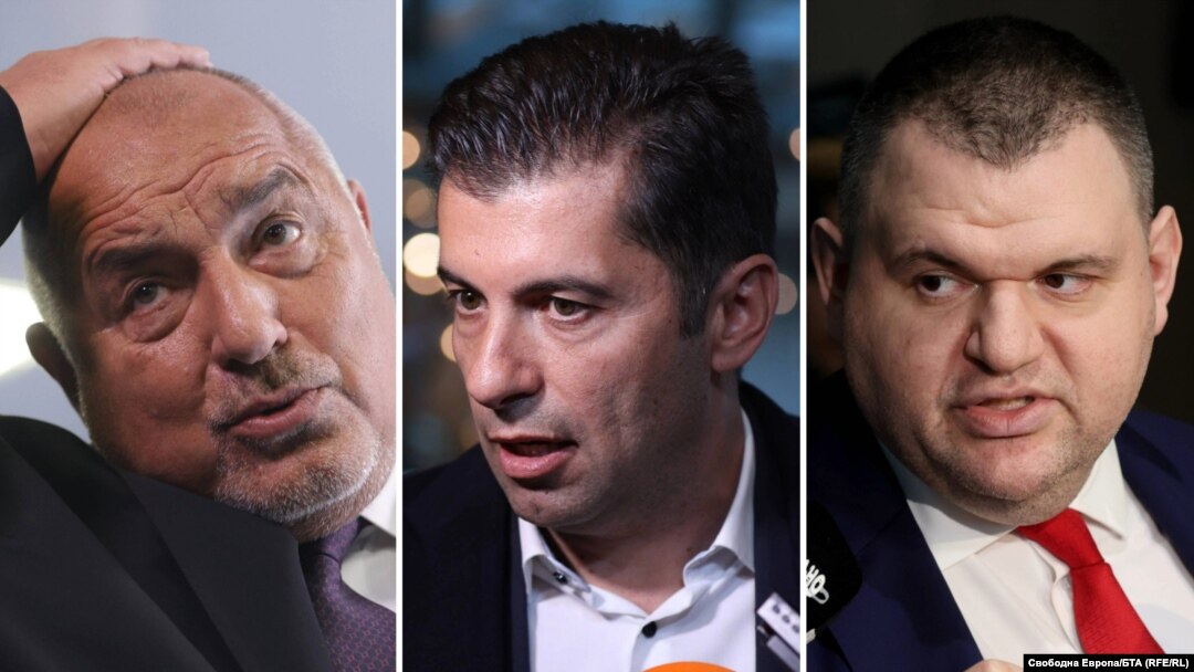 Колаж със снимки на Бойко Борисов, Кирил Петков и Делян Пеевски