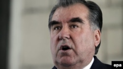 Afghanistan -- Tajik President Emomali Rahmon speaks during a press conference with his Afghan counterpart in Kabul, March 26, 2014