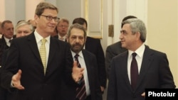 Armenia - President Serzh Sarkisian (R) meets with German Foreign Minister Guido Westerwelle in Yerevan, 16Mar2012.