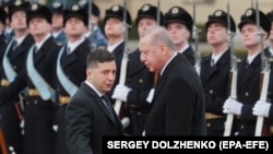 Түркиянын президенти Режеп Тайып Эрдоган (оңдо) жана Украинанын президенти Владимир Зеленский (солдо). 