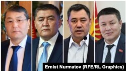 6-октябрдагы окуялардан соң соттон толук акталган саясатчылар: Мелис Мырзакматов, Садыр Жапаров, Камчыбек Ташиев жана Талант Мамытов. Солдон оңго. «Азаттыктын» коллажы.