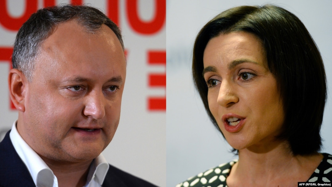 Pro-Russia candidate Igor Dodon (left) and pro-EU reformist Maia Sandu (right) will most likely face each other in a presidential runoff vote on November 13. 