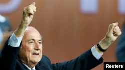 FIFA President Sepp Blatter reacts after he was reelected at the 65th FIFA Congress in Zurich on May 29.