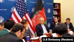U.S. special envoy for peace in Afghanistan, Zalmay Khalilzad, speaks during a roundtable discussion with Afghan media at the U.S Embassy in Kabul on January 28.