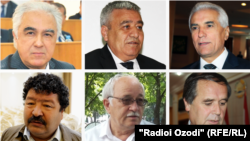 Фигуранты дела (слева направо): Саидджафар Усмонзода, Акбаршо Искандаров, Хамрохон Зарифи, Шокирджон Хакимов, Ахмадшох Комилзода, Абдулфайз Атои